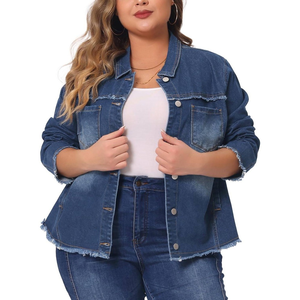 Agnes Orinda Plus Size Denim Jacket‎ Frayed Hem Button Front Medium Wash NWT